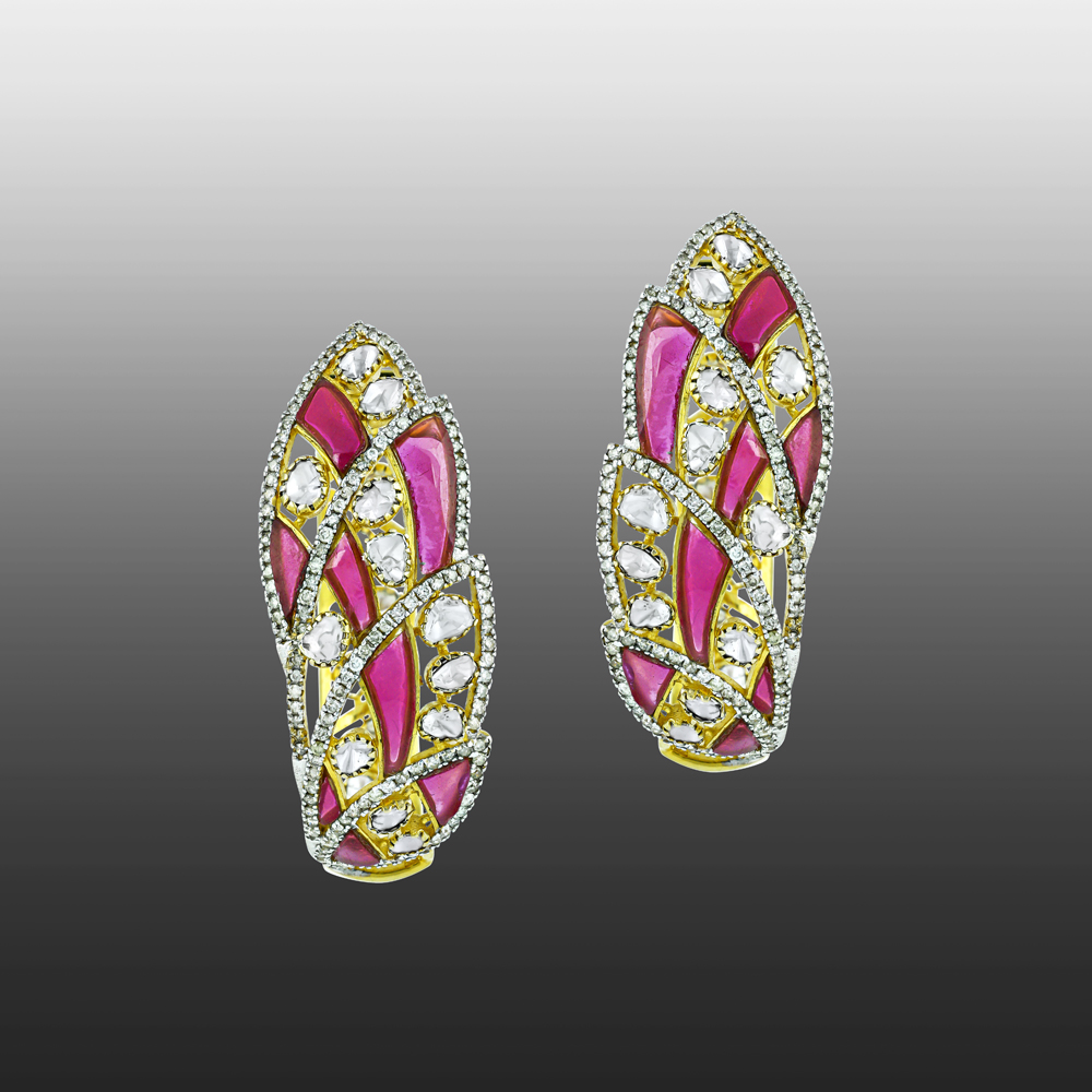 Polki Hoop Earrings with Pink Stones and Leaf-Inspired Design